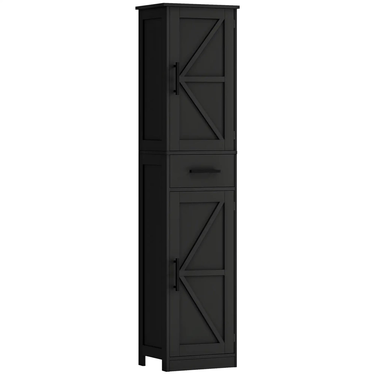 67" Tall Bathroom Cabinet, Narrow Storage with Drawer, Barn Doors, Adjustable Shelves, Black Bathroom Cabinets at Gallery Canada