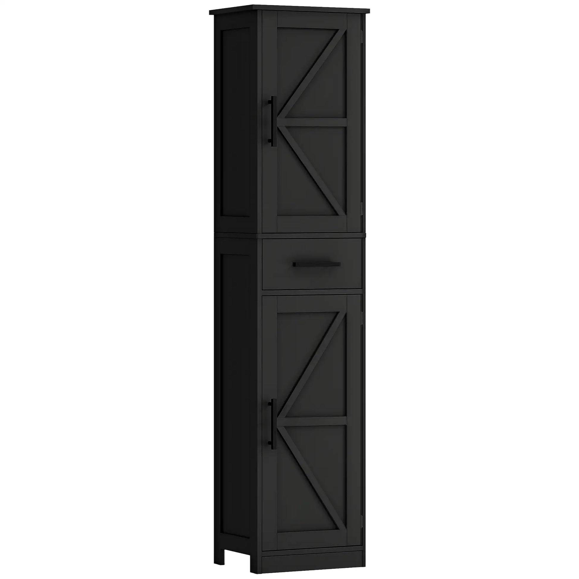 67" Tall Bathroom Cabinet, Narrow Storage with Drawer, Barn Doors, Adjustable Shelves, Black Bathroom Cabinets at Gallery Canada