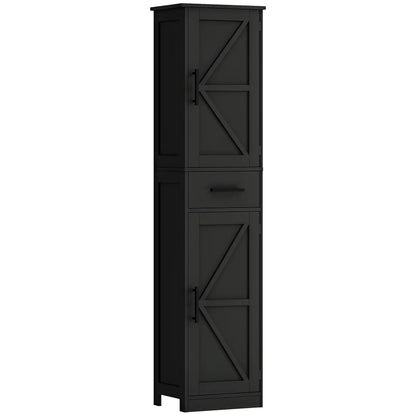 67" Tall Bathroom Cabinet, Narrow Storage with Drawer, Barn Doors, Adjustable Shelves, Black Bathroom Cabinets at Gallery Canada