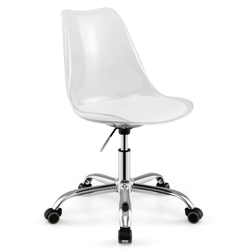 Armless Rolling Office Chair, Swivel Seat, PU Leather Cushion, White