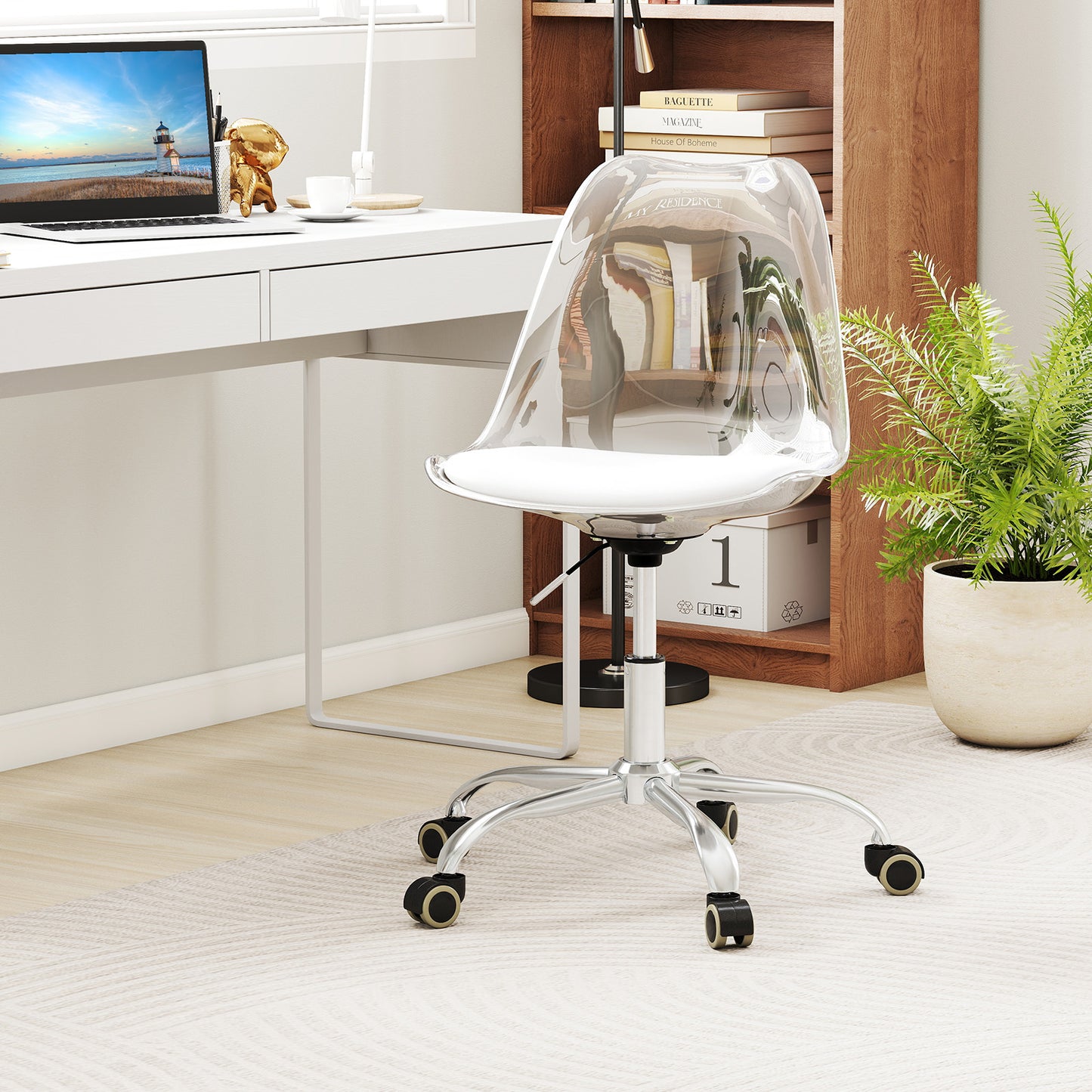 Armless Rolling Office Chair with Swivel Seat and PU Leather Cushion, White Armless Chairs at Gallery Canada