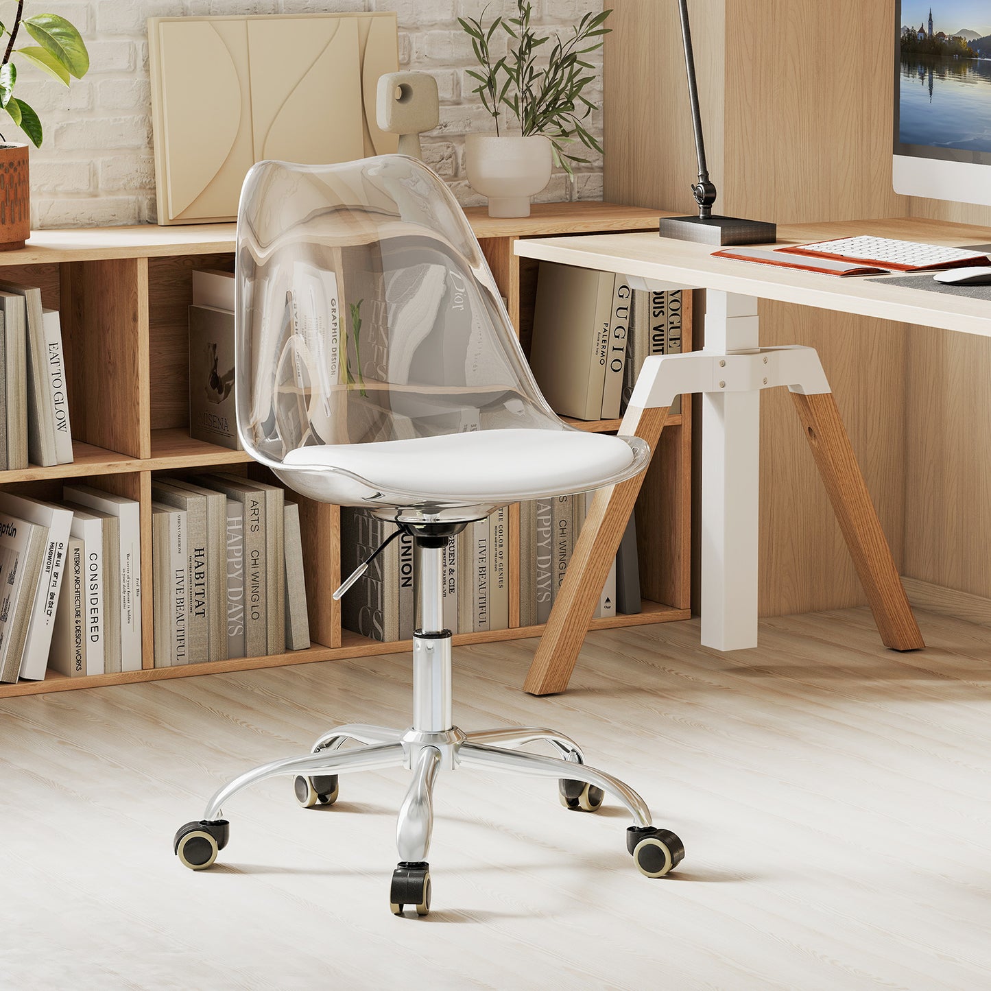 Armless Rolling Office Chair with Swivel Seat and PU Leather Cushion, White Armless Chairs at Gallery Canada