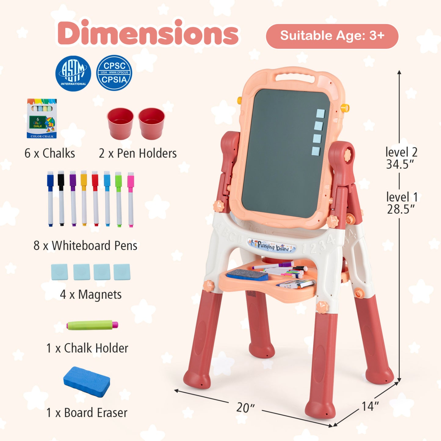 Art Easel for Kids, Adjustable Height, Pink