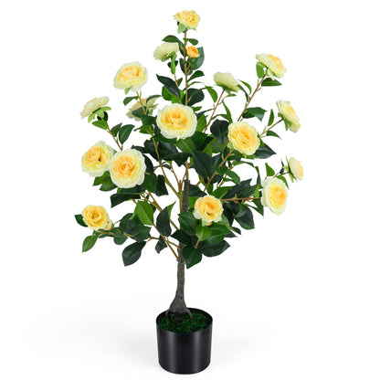 Artificial Camellia Tree, Cement Pot, Yellow Faux Plants Yellow at Gallery Canada
