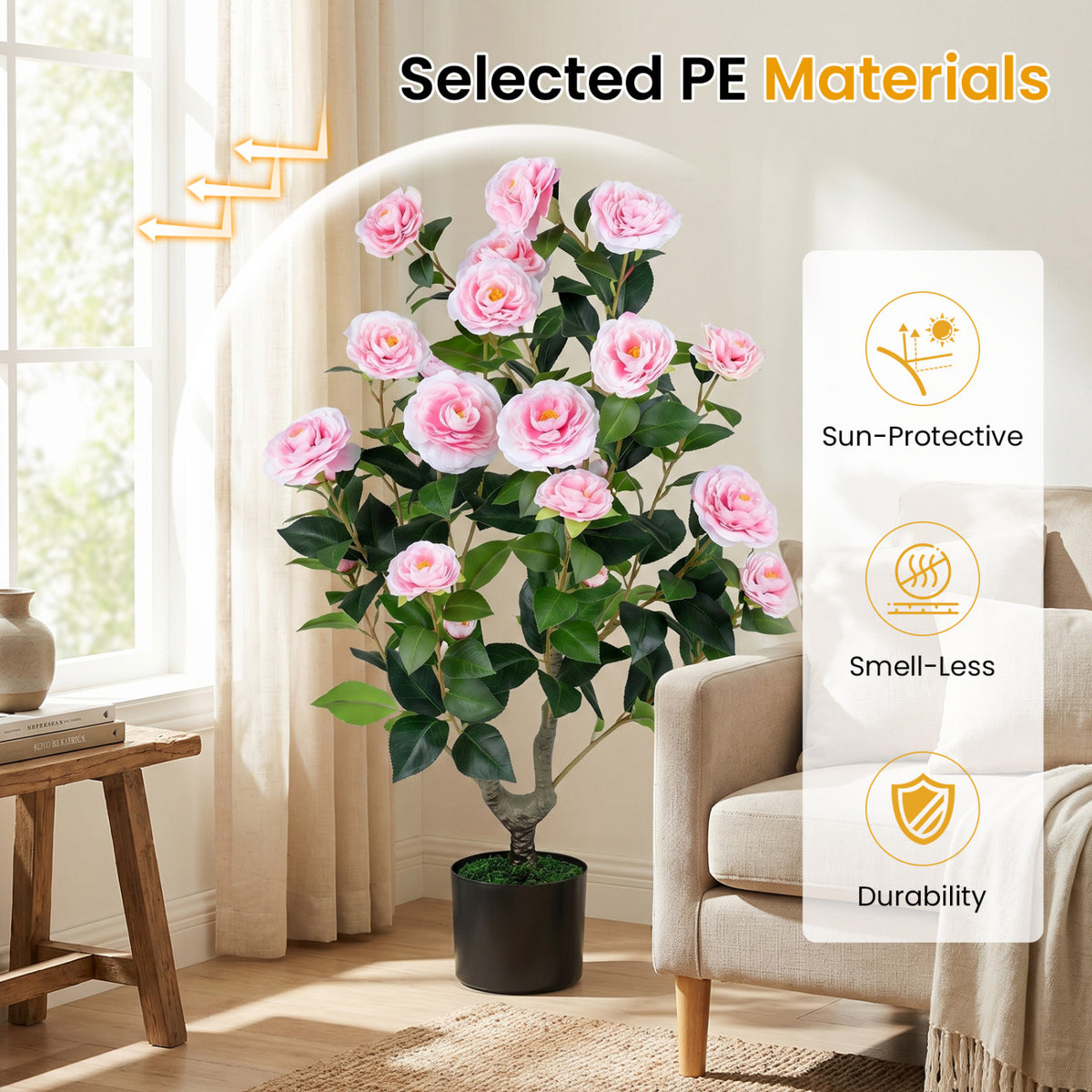 Artificial Camellia Tree, Cement-Filled Pot, Pink Faux Plants at Gallery Canada