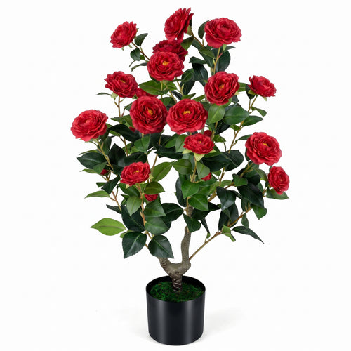 Artificial Camellia Tree Faux Flower Plant in Cement-Filled Pot, Red