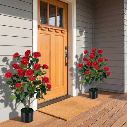 Artificial Camellia Tree Faux Flower Plant in Cement-Filled Pot, Red Faux Plants at Gallery Canada