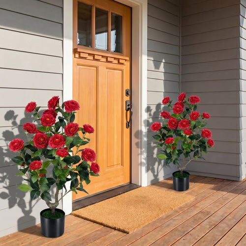 Artificial Camellia Tree Faux Flower Plant in Cement-Filled Pot, Red