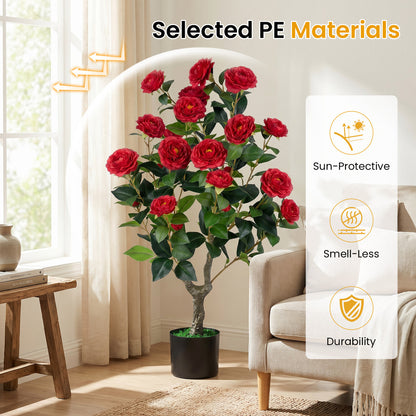 Artificial Camellia Tree Faux Flower Plant in Cement-Filled Pot, Red Faux Plants at Gallery Canada