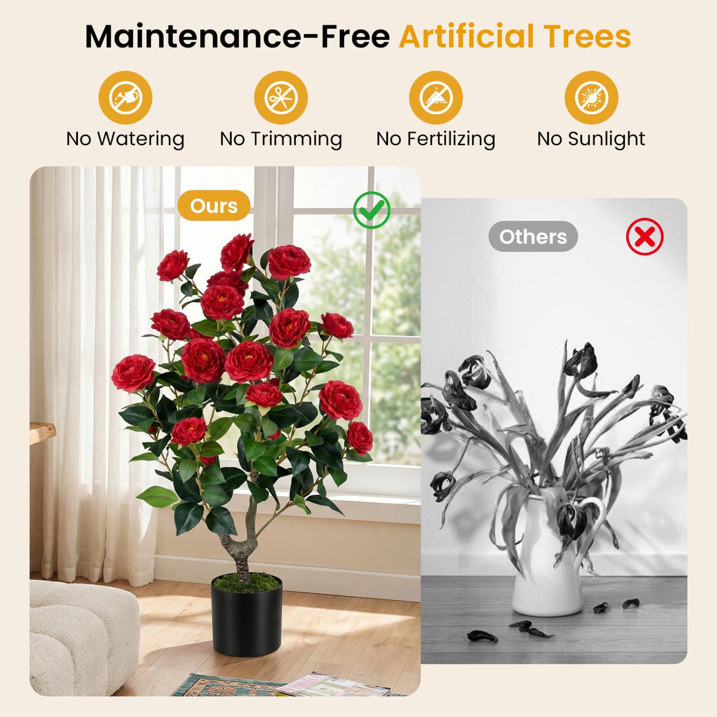 Artificial Camellia Tree Faux Flower Plant in Cement-Filled Pot, Red Faux Plants at Gallery Canada