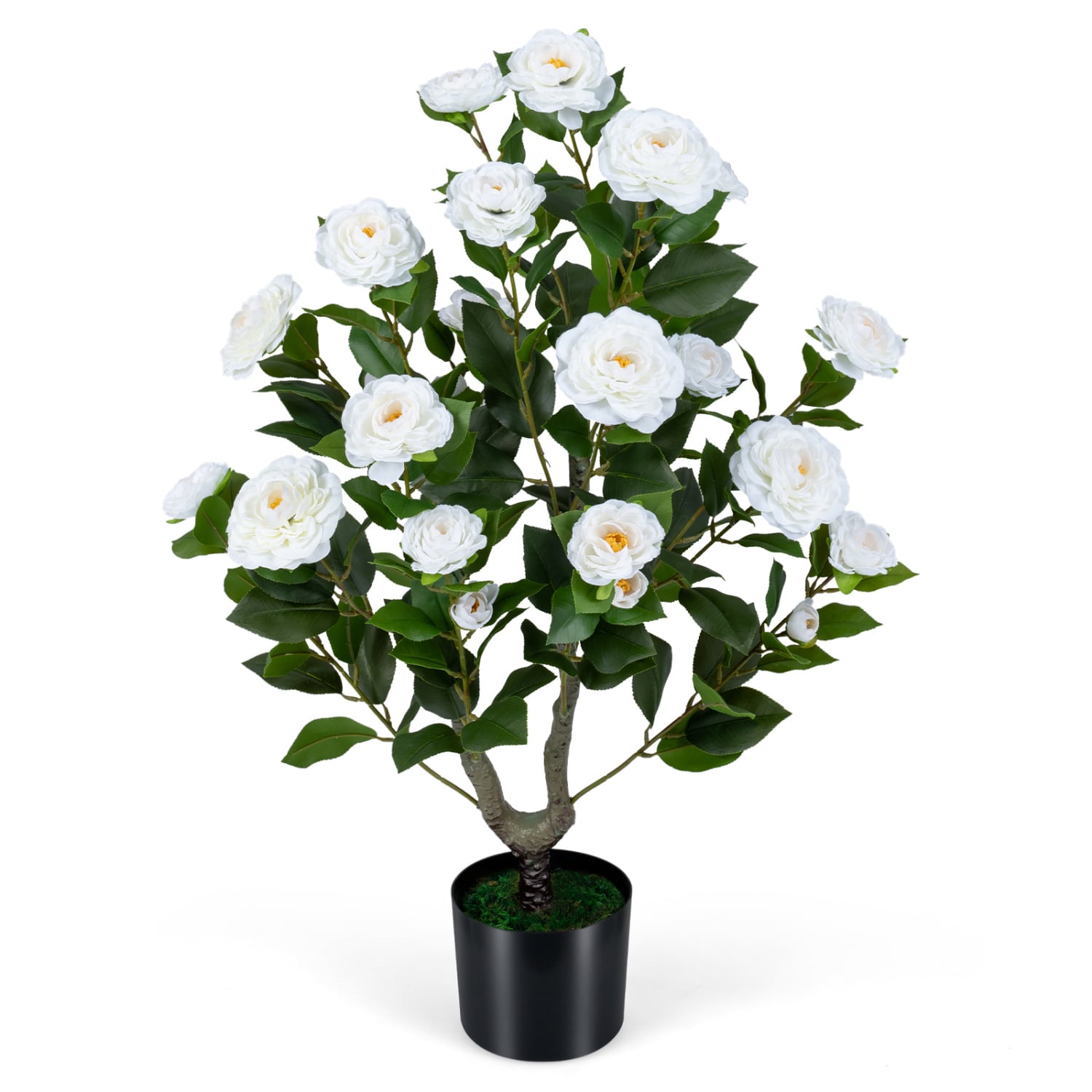Artificial Camellia Tree Faux Flower Plant in Cement-Filled Pot, White Faux Plants at Gallery Canada