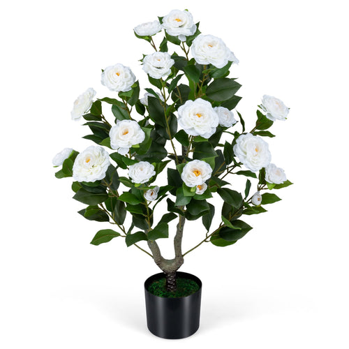 Artificial Camellia Tree Faux Flower Plant in Cement-Filled Pot, White