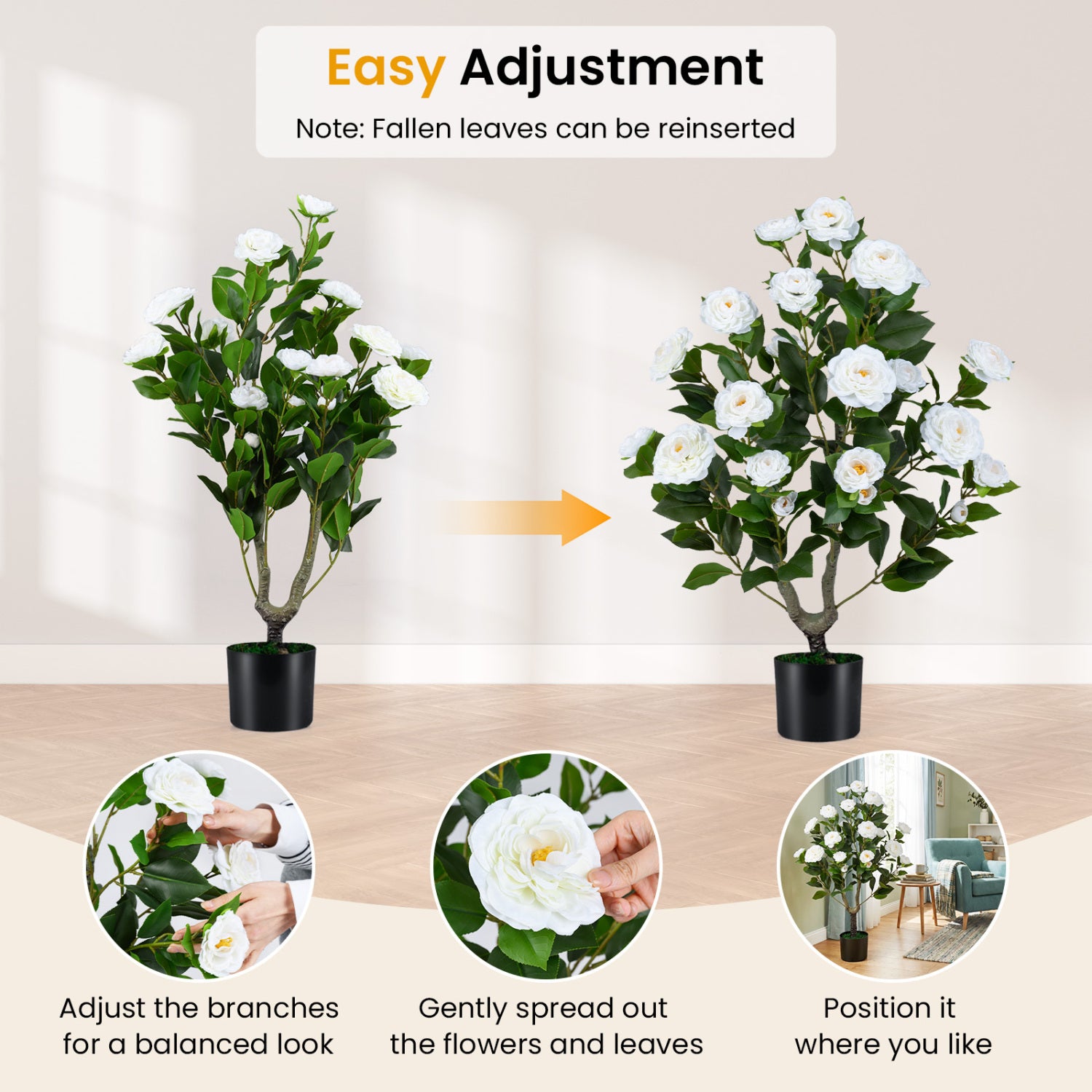 Artificial Camellia Tree Faux Flower Plant in Cement-Filled Pot, White Faux Plants at Gallery Canada