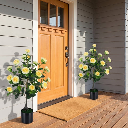 Artificial Camellia Tree, Cement Pot, Yellow