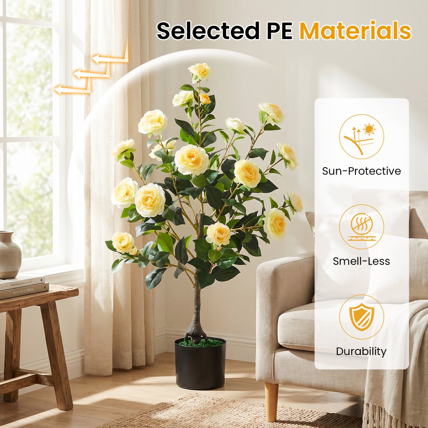 Artificial Camellia Tree, Cement Pot, Yellow Faux Plants at Gallery Canada