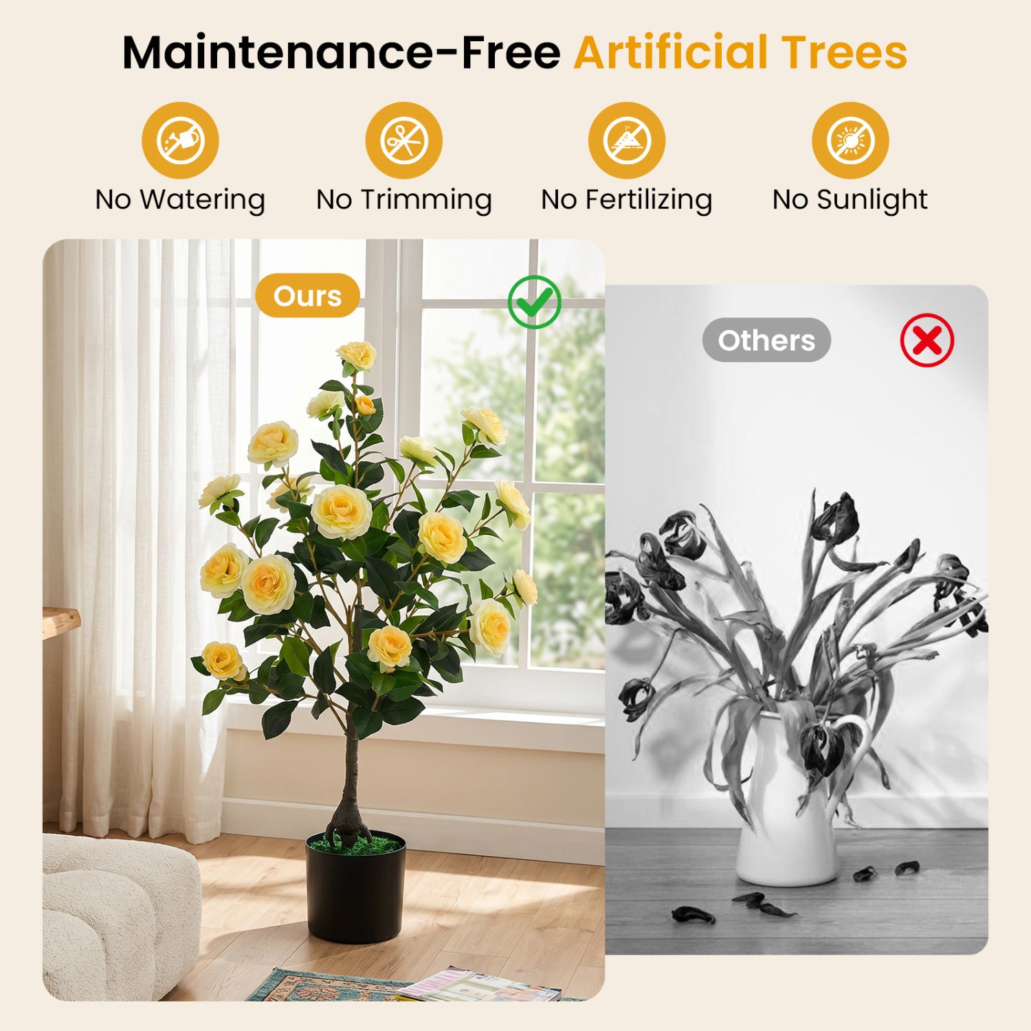 Artificial Camellia Tree, Cement Pot, Yellow Faux Plants at Gallery Canada