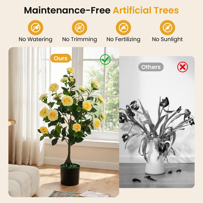 Artificial Camellia Tree, Cement Pot, Yellow Faux Plants at Gallery Canada