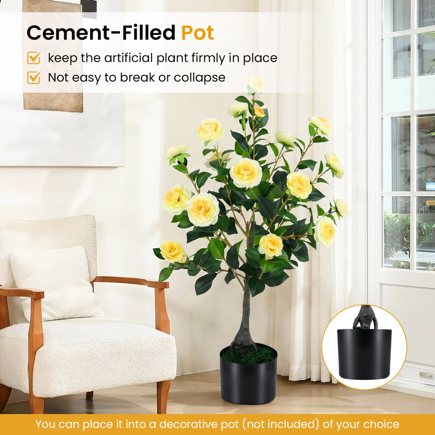 Artificial Camellia Tree, Cement Pot, Yellow Faux Plants at Gallery Canada