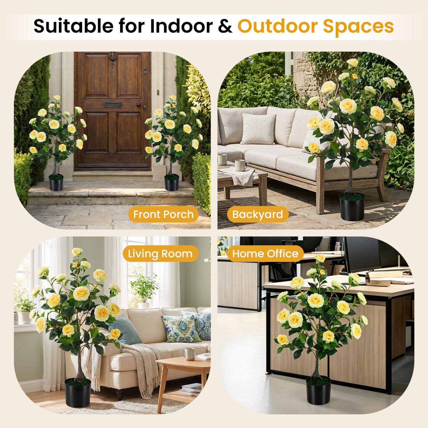 Artificial Camellia Tree, Cement Pot, Yellow Faux Plants at Gallery Canada