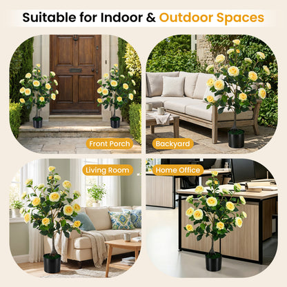 Artificial Camellia Tree, Cement Pot, Yellow Faux Plants at Gallery Canada