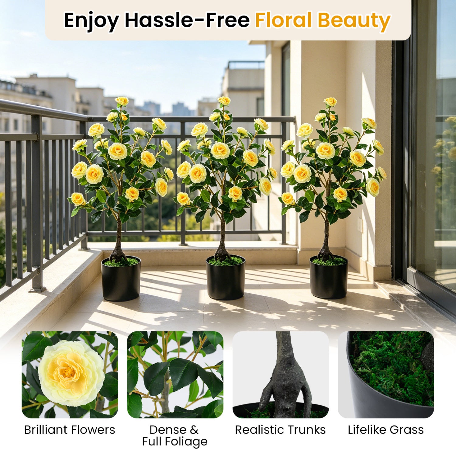 Artificial Camellia Tree, Cement Pot, Yellow Faux Plants at Gallery Canada