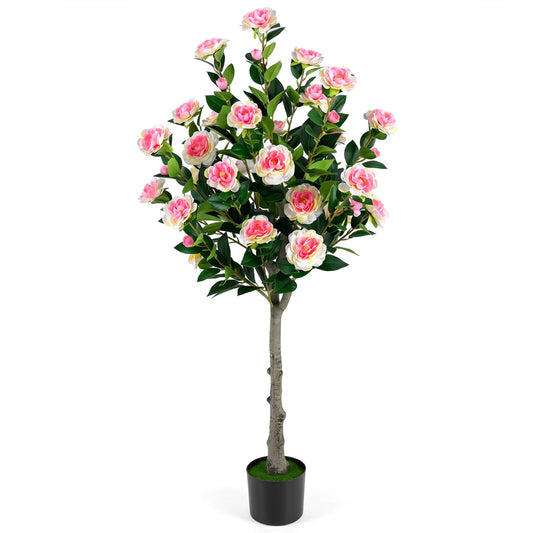 Artificial Camellia Tree, 27 Blossoms, Cement Pot Faux Plants Pink & Green & Black at Gallery Canada