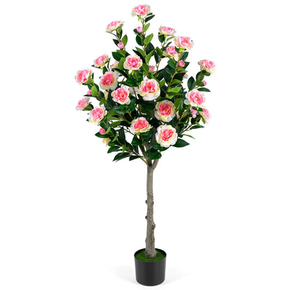 Artificial Camellia Tree, 27 Blossoms, Cement Pot Faux Plants at Gallery Canada