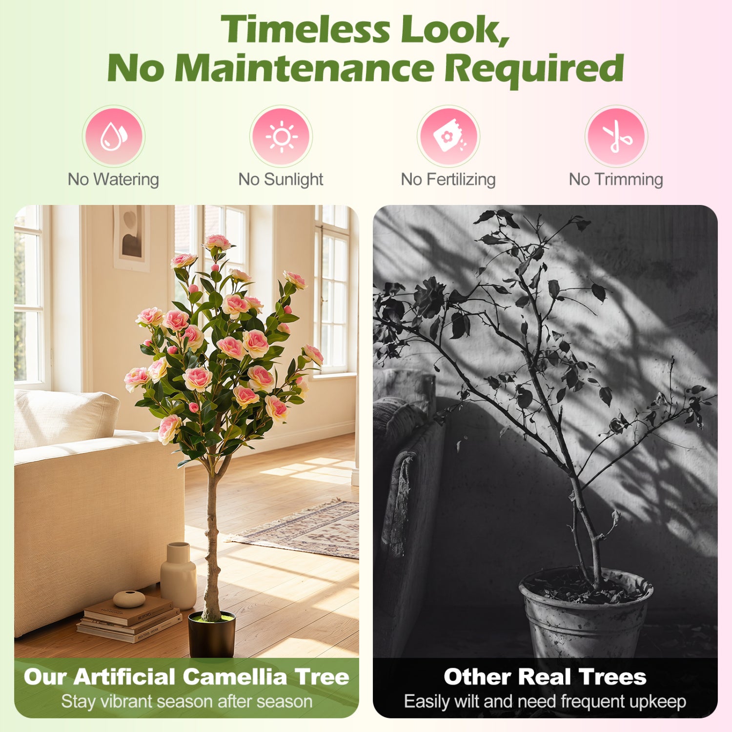 Artificial Camellia Tree, 27 Blossoms, Cement Pot Faux Plants at Gallery Canada