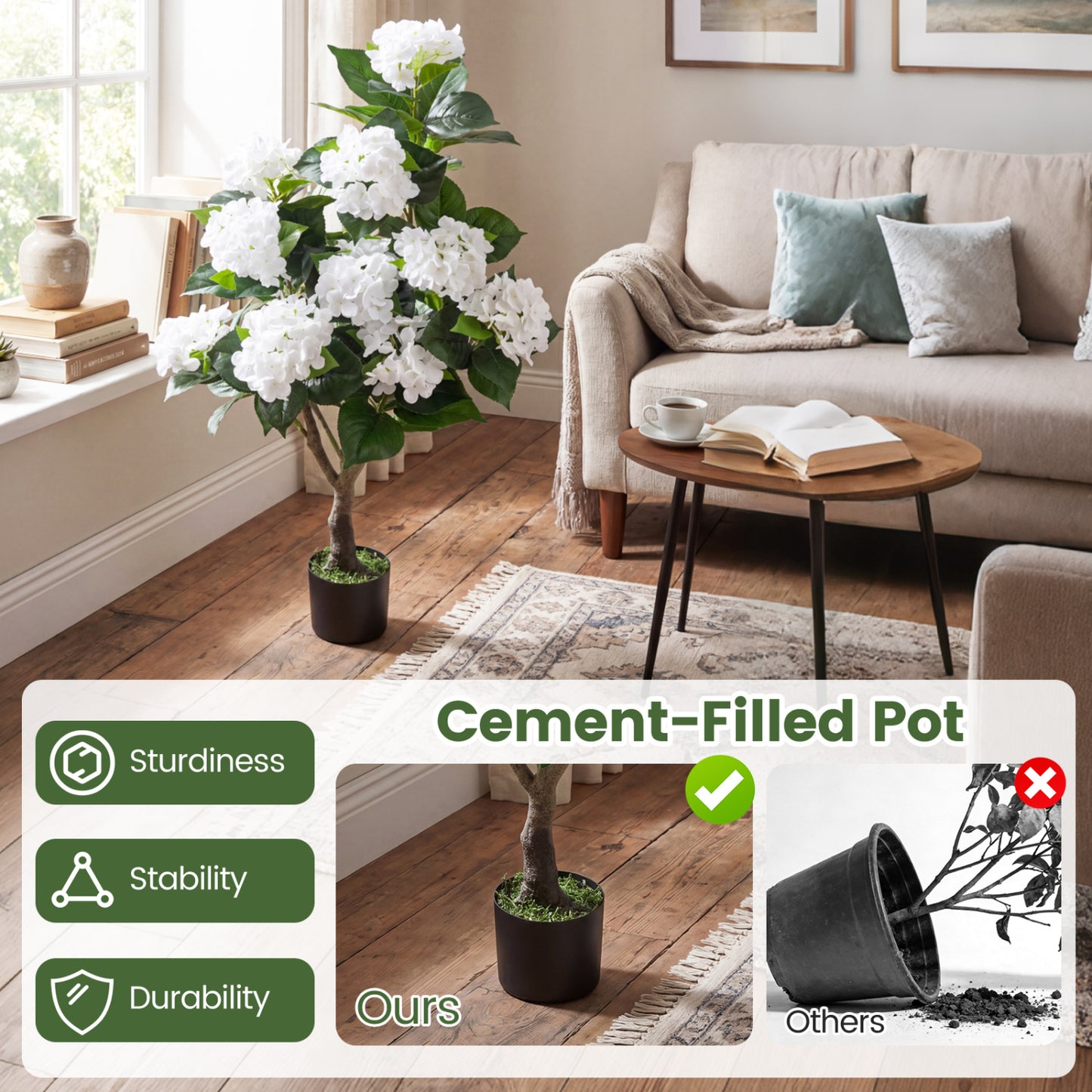 Artificial Hydrangea Tree, 11 White Flowers, White Faux Plants at Gallery Canada