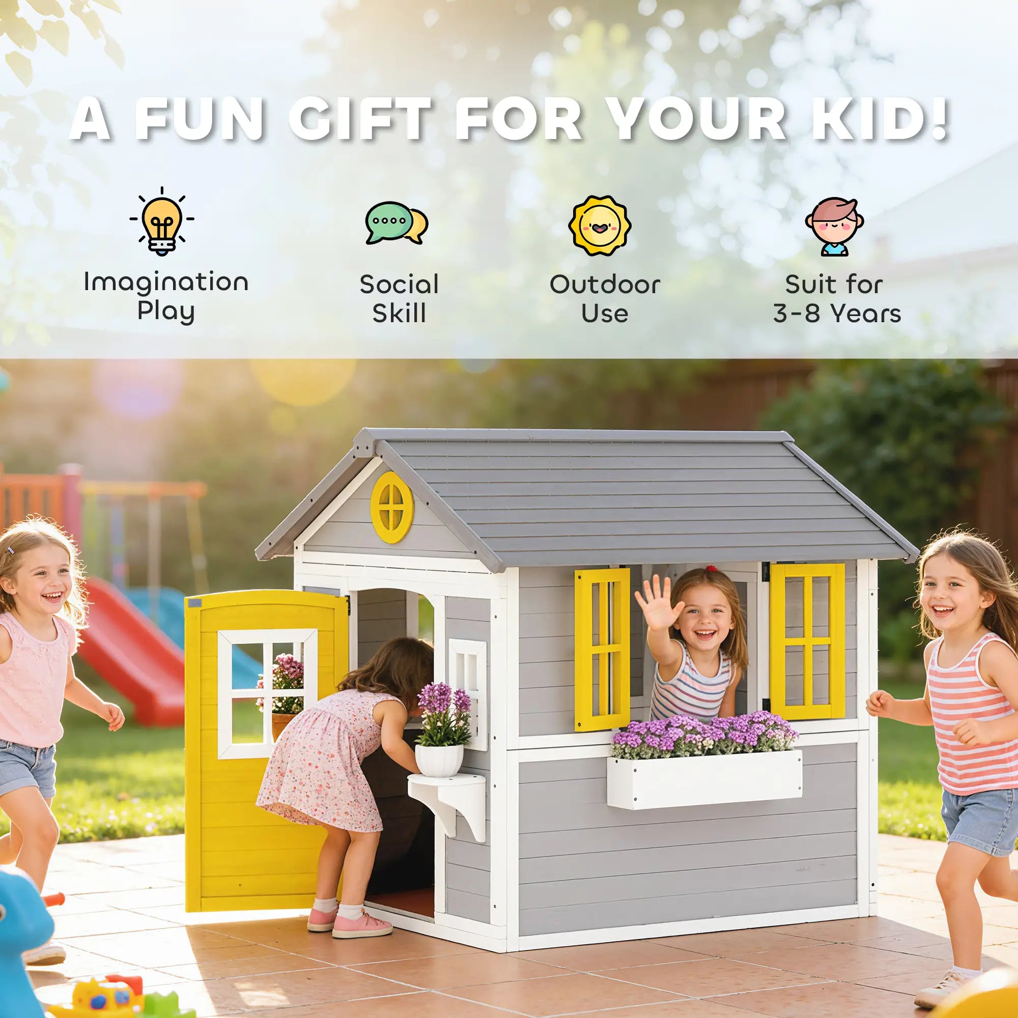 Wooden Playhouse For Kids, With Door, Windows, Planter Pots, Grey Play Houses at Gallery Canada