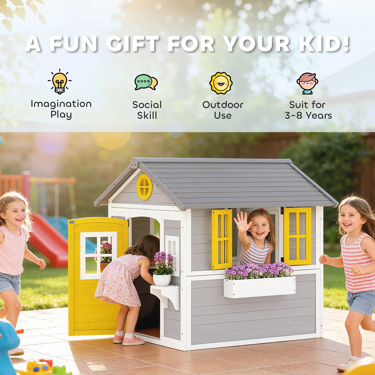 Wooden Playhouse For Kids, With Door, Windows, Planter Pots, Grey Play Houses at Gallery Canada