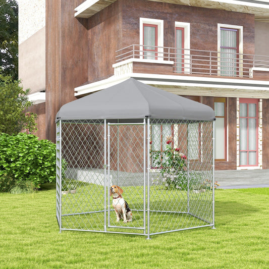9.2' x 8' x 7.7' Outdoor Dog Kennel Dog Run with Waterproof, UV Resistant Cover for Medium Large Sized Dogs, Silver - Gallery Canada