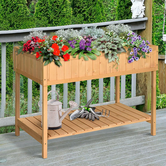 43.25" x 18" x 30" Raised Garden Bed, Wooden Plant Stand with 8 Grid Box, Storage Shelf for Outdoor, Natural Wood Colour - Gallery Canada
