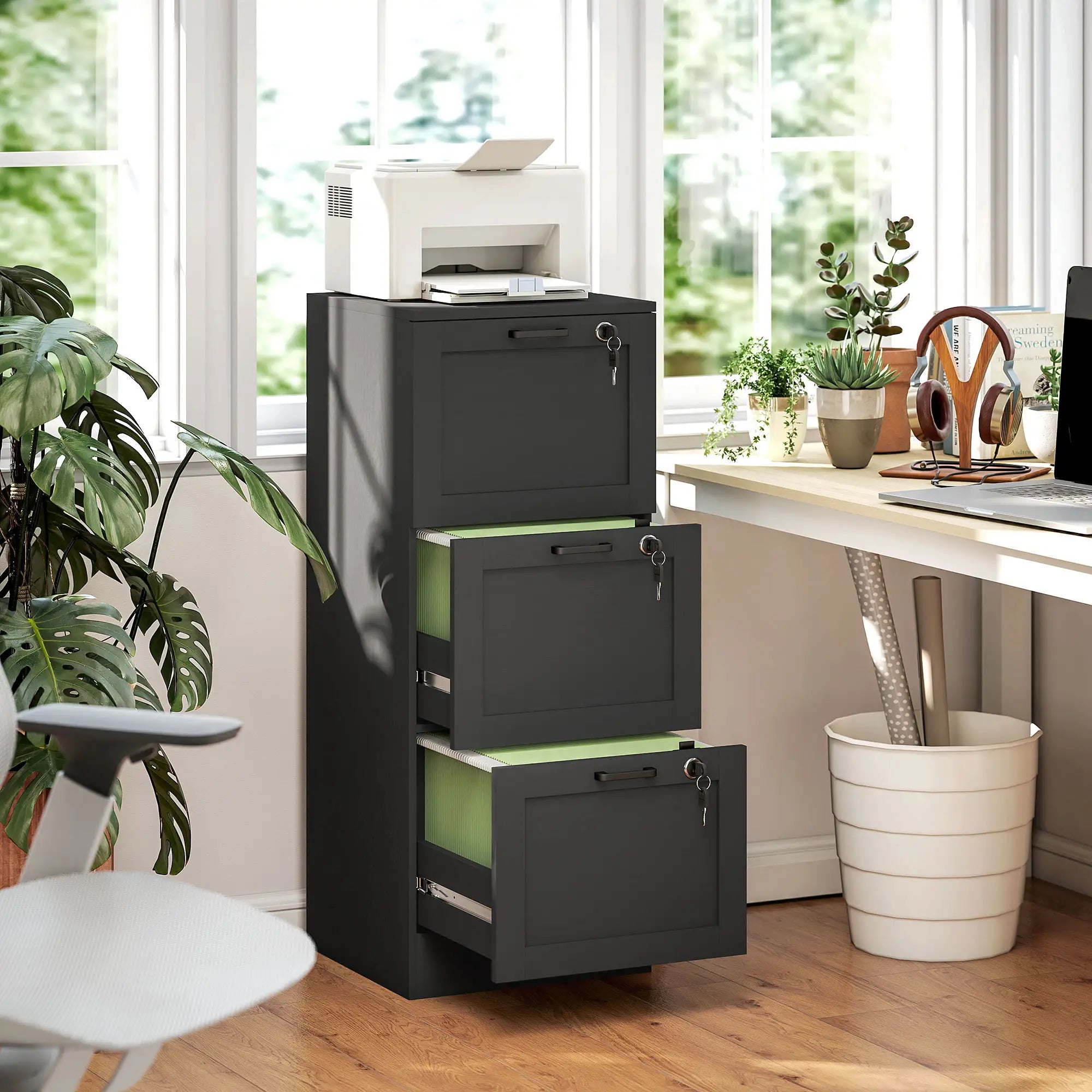 Vertical 3-Drawer Filing Cabinet, Lock, A4 Letter Size, Black Office Cabinets & Cupboards at Gallery Canada