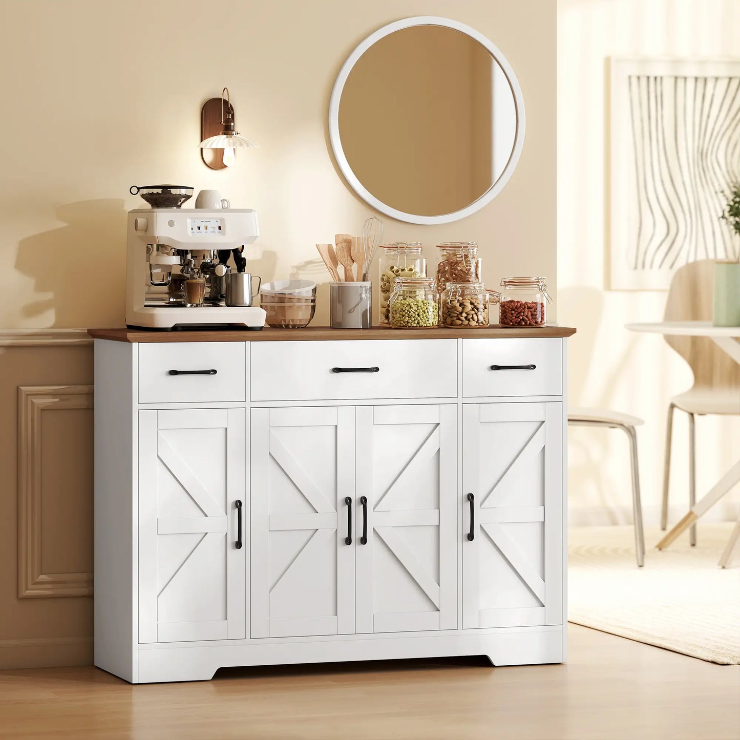 47" Buffet Cabinet, Farmhouse Sideboard, 3 Drawers, Adjustable Shelves, White Bar Cabinets at Gallery Canada