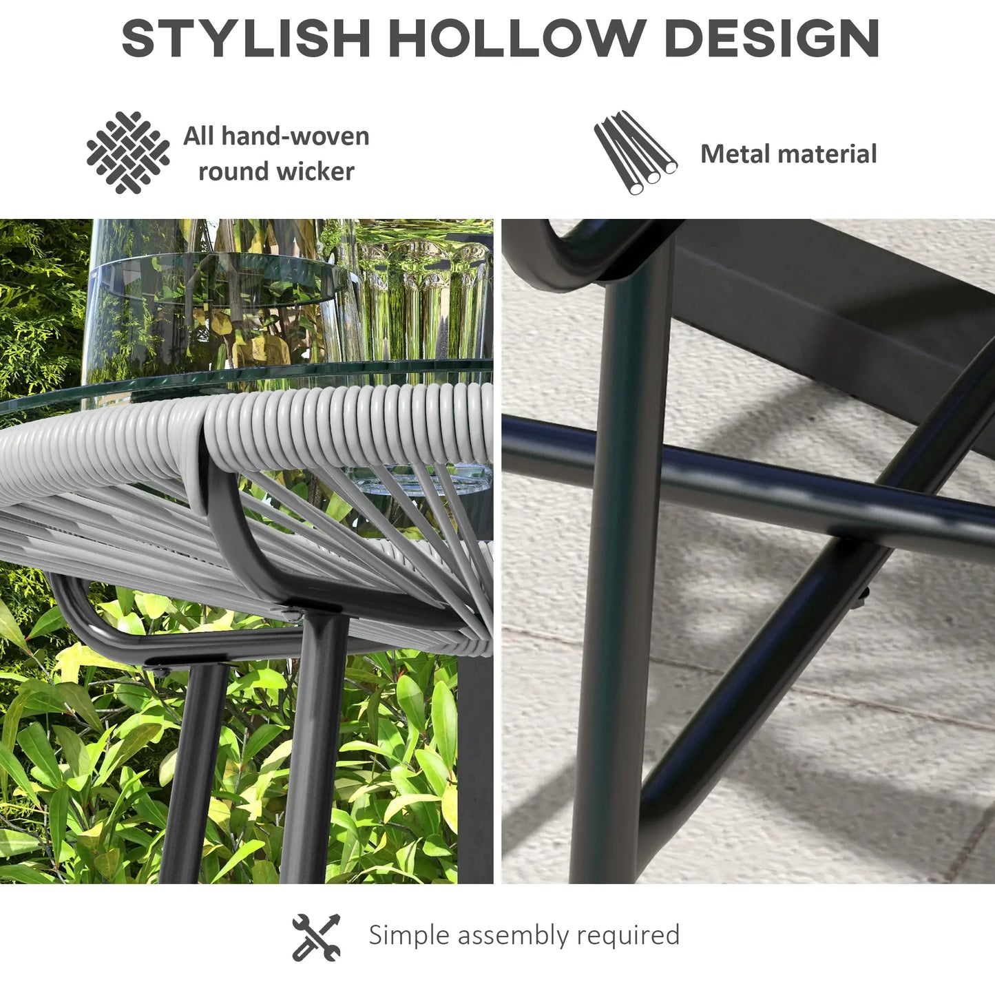 Round Rattan Side Table, Outdoor, PE Rattan, Tempered Glass Top, Grey