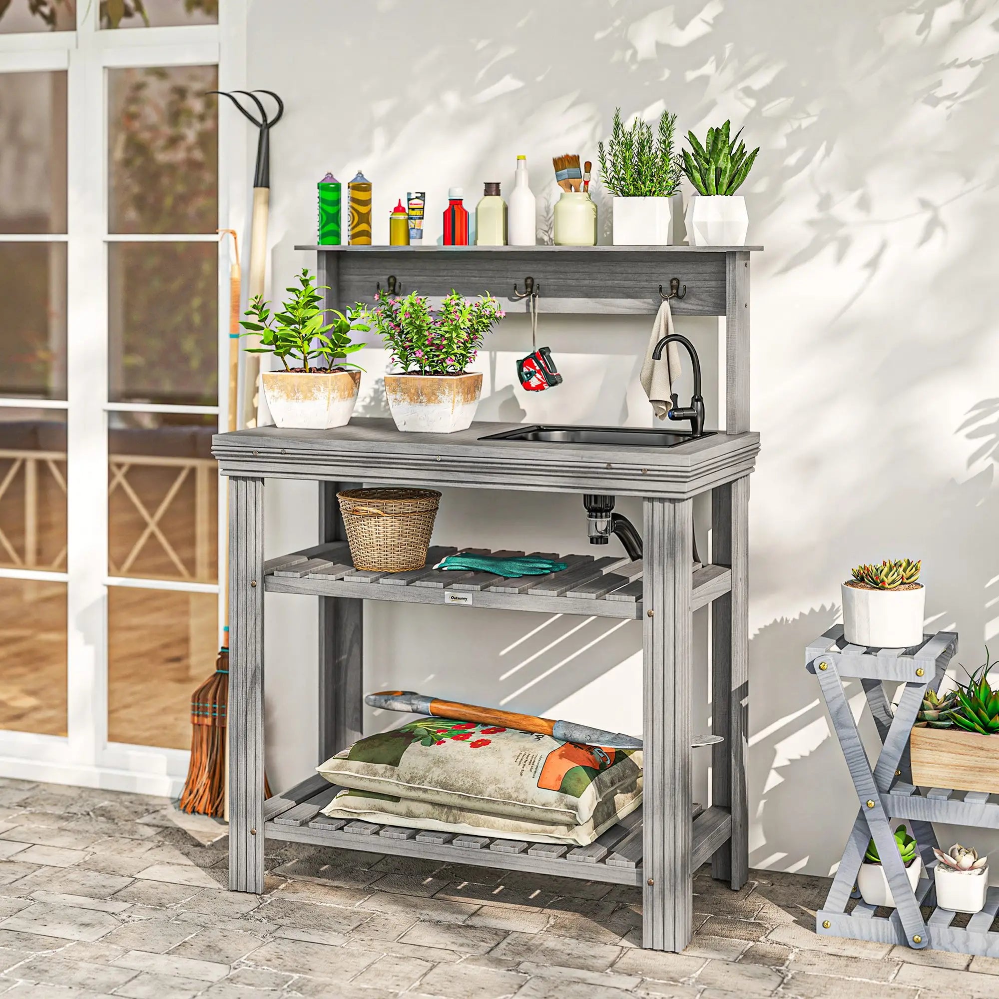 Outdoor Potting Bench With Faucet, Removable Sink, Hooks, Storage Shelves, Grey Potting Benches & Tables at Gallery Canada
