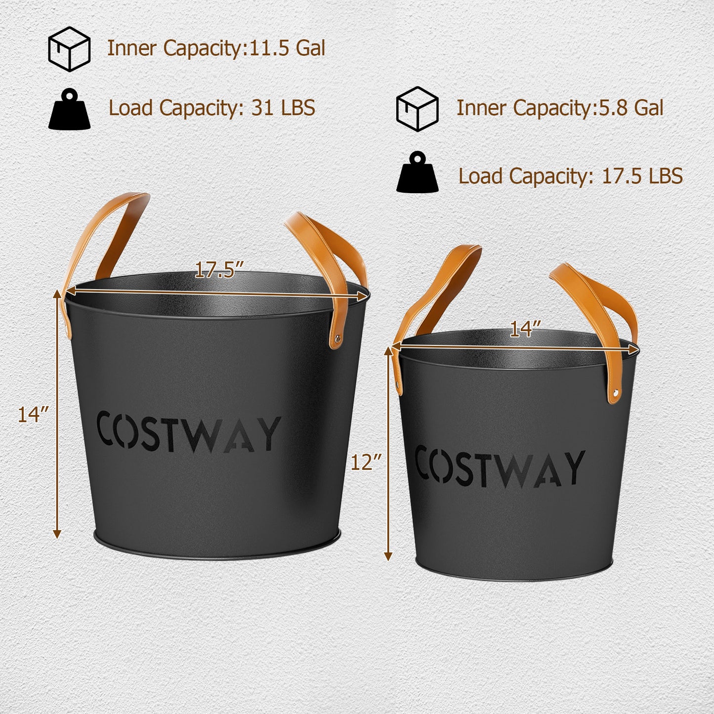 Ash Bucket Set of 2 Metal Coal Ash Can Set with 11.5 Gal and 8.5 Gal Bucket for Fireplace Fire Pits