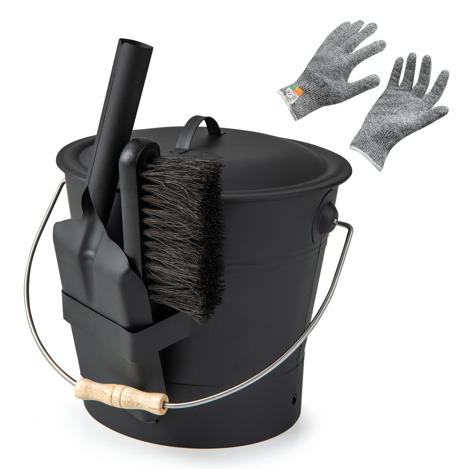 Ash Bucket with Lid and Cut-resistant Gloves, Black