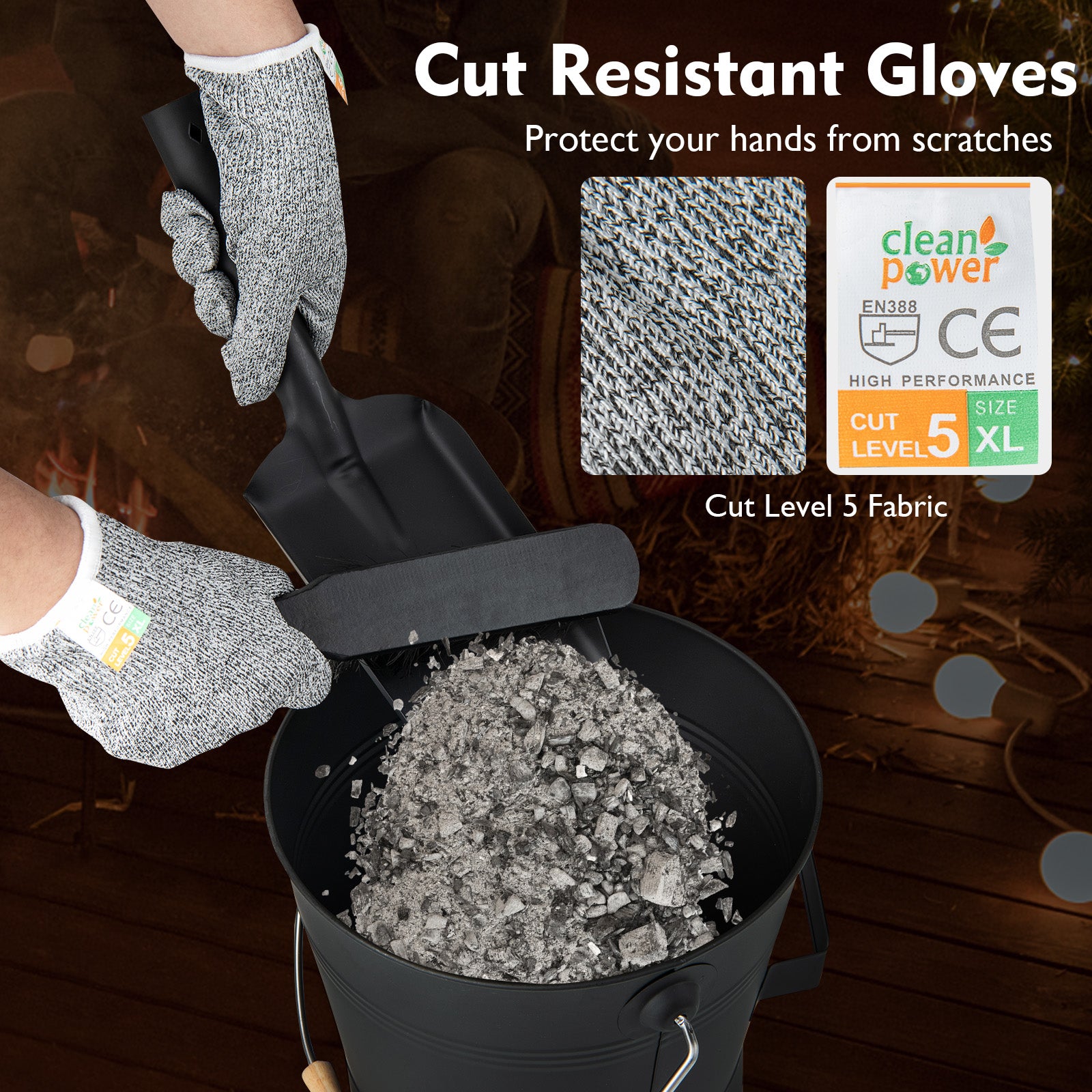 Ash Bucket with Lid and Cut-resistant Gloves, Black Fireplace Tools at Gallery Canada