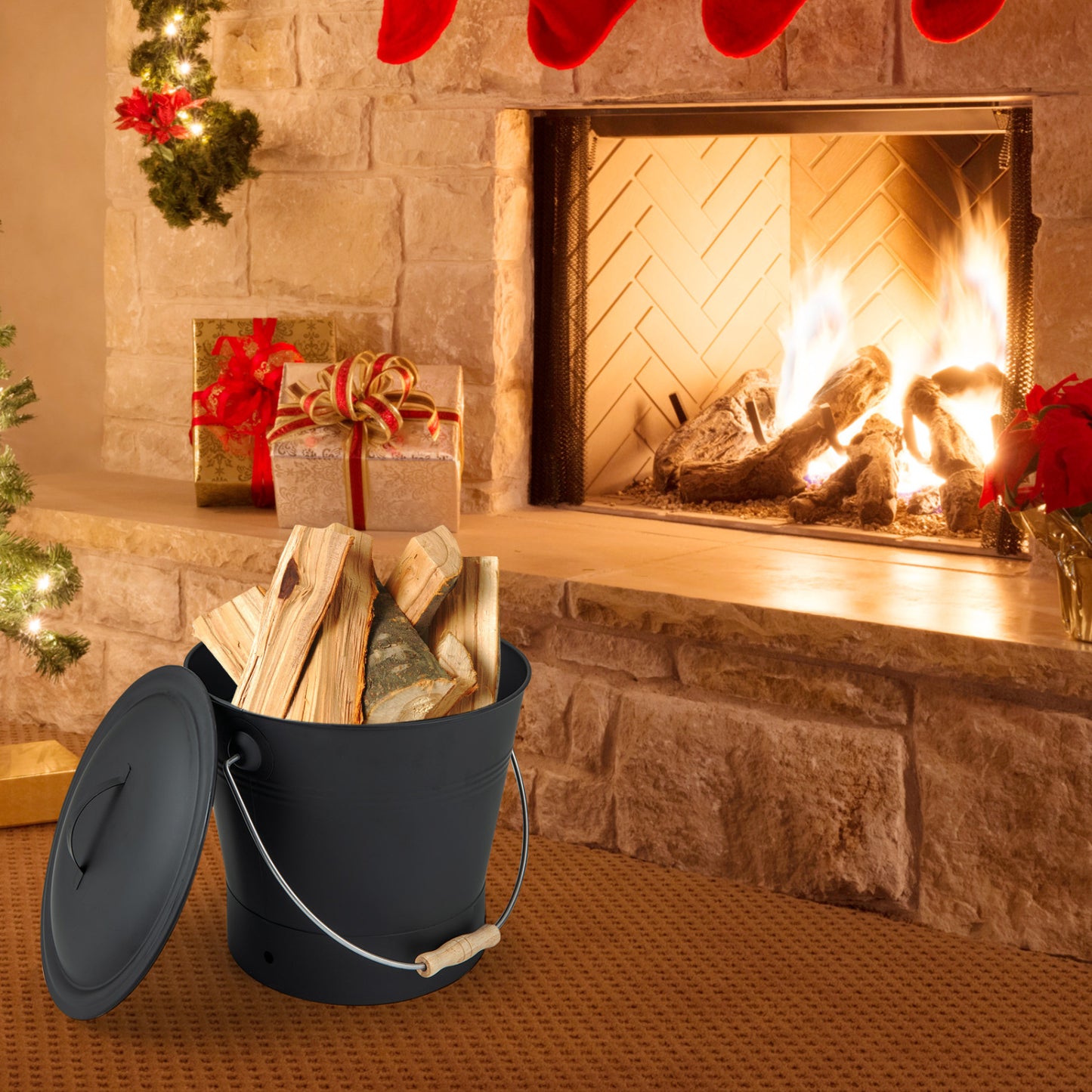 Ash Bucket with Lid and Cut-resistant Gloves, Black Fireplace Tools at Gallery Canada