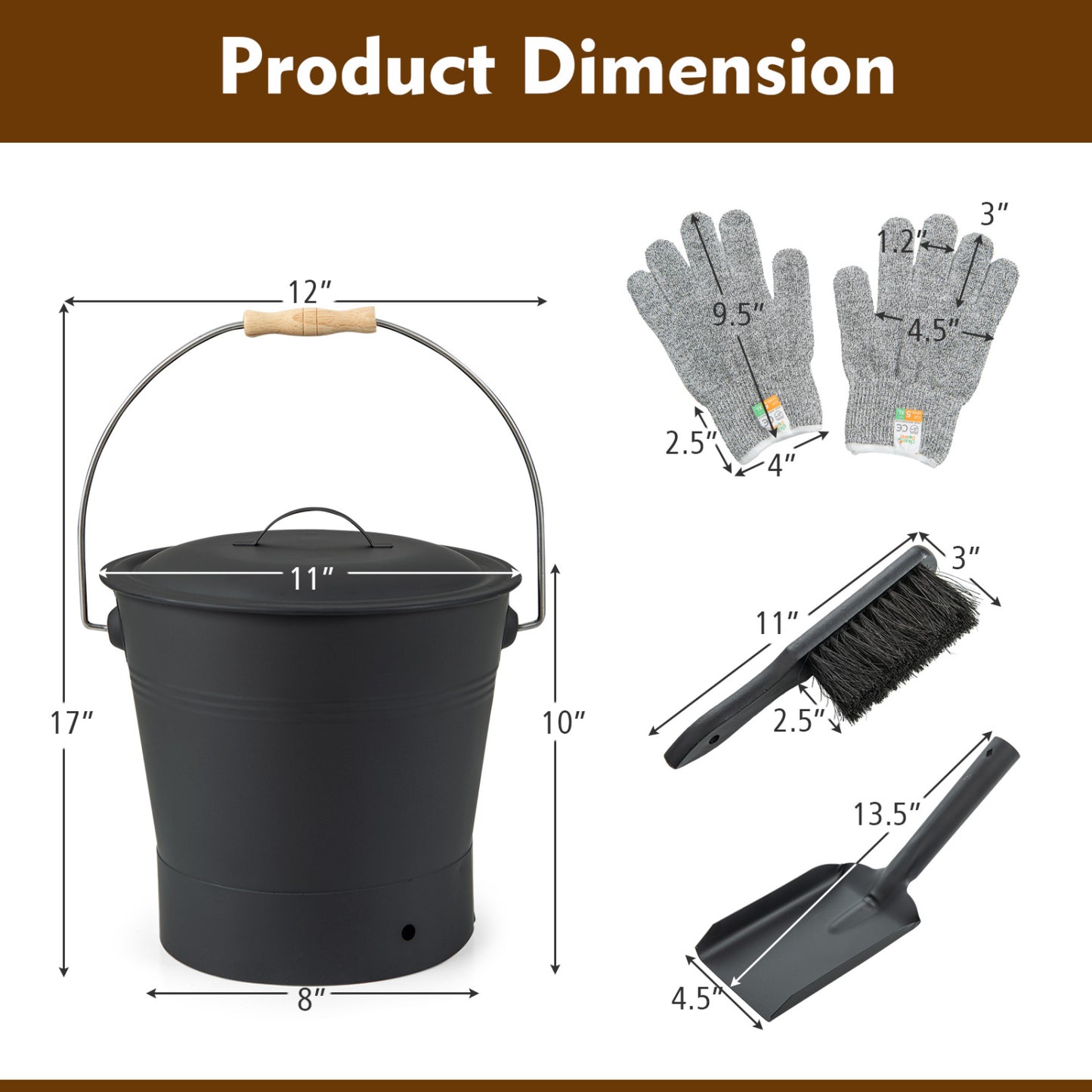 Ash Bucket with Lid and Cut-resistant Gloves, Black Fireplace Tools at Gallery Canada