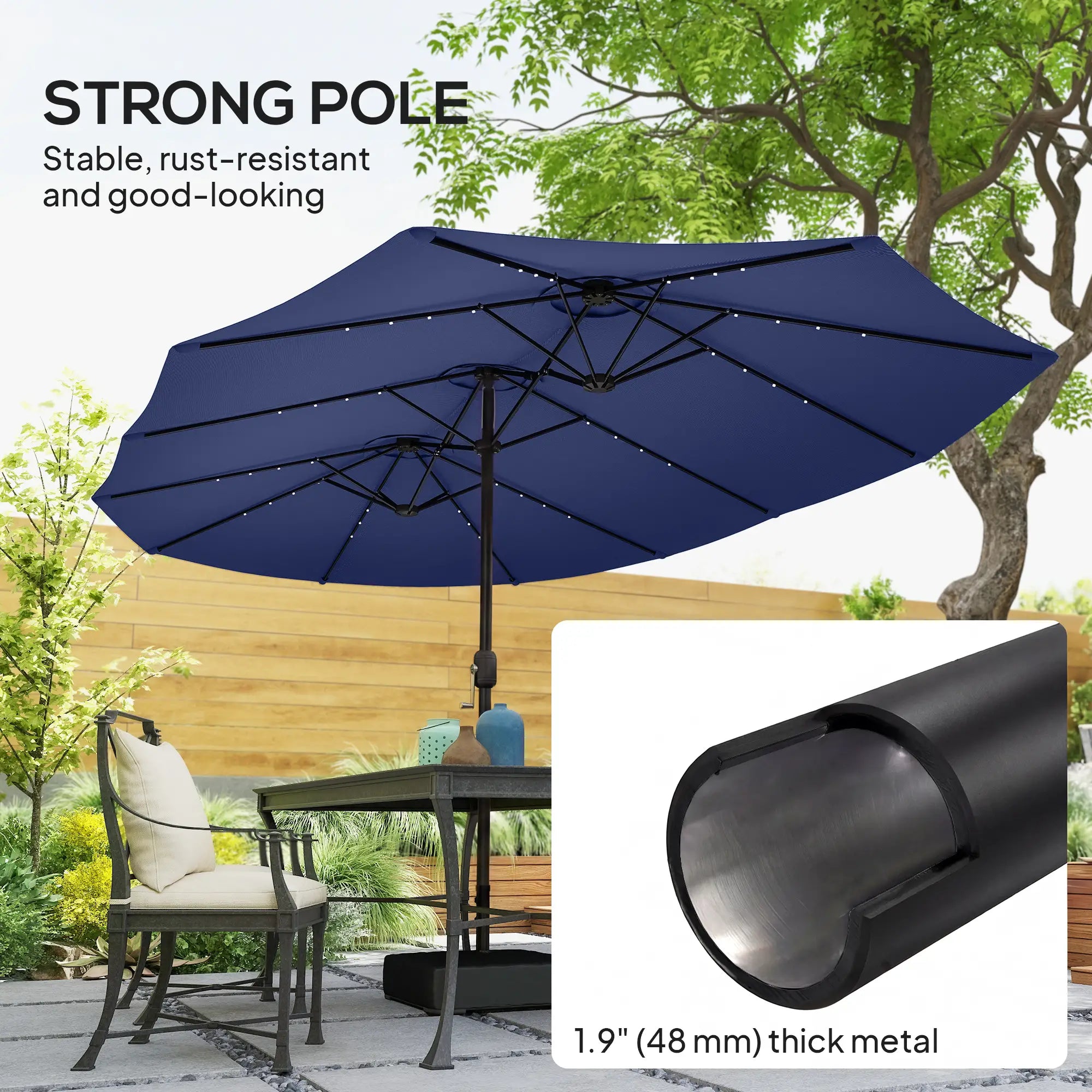Double-Sided Patio Umbrella, 15ft, 48 LED Lights, Base Included, Dark Blue Double-sided Umbrellas at Gallery Canada