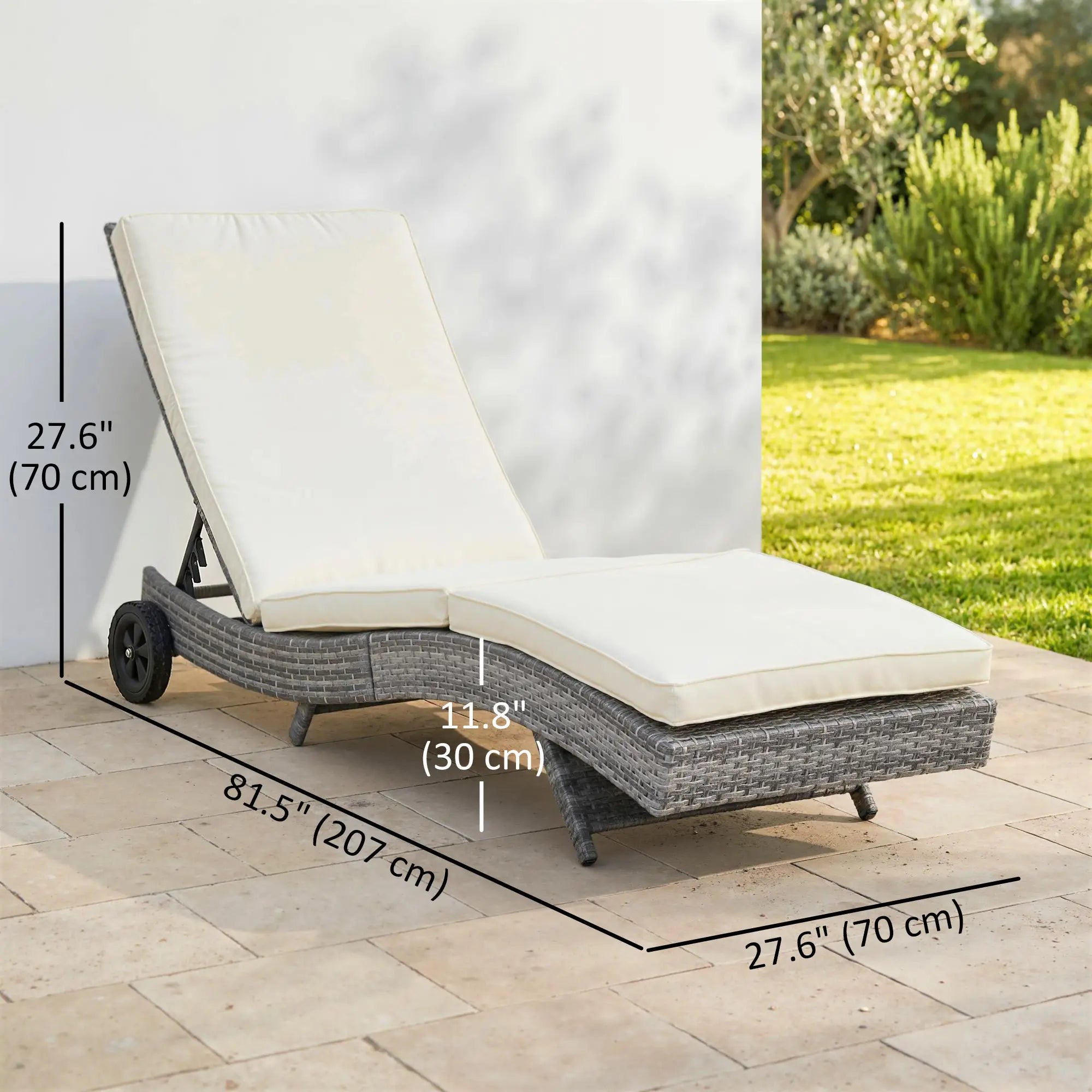 Adjustable Wicker Chaise Lounge with Cushion, Wheels, Cream White Chaise Loungers at Gallery Canada