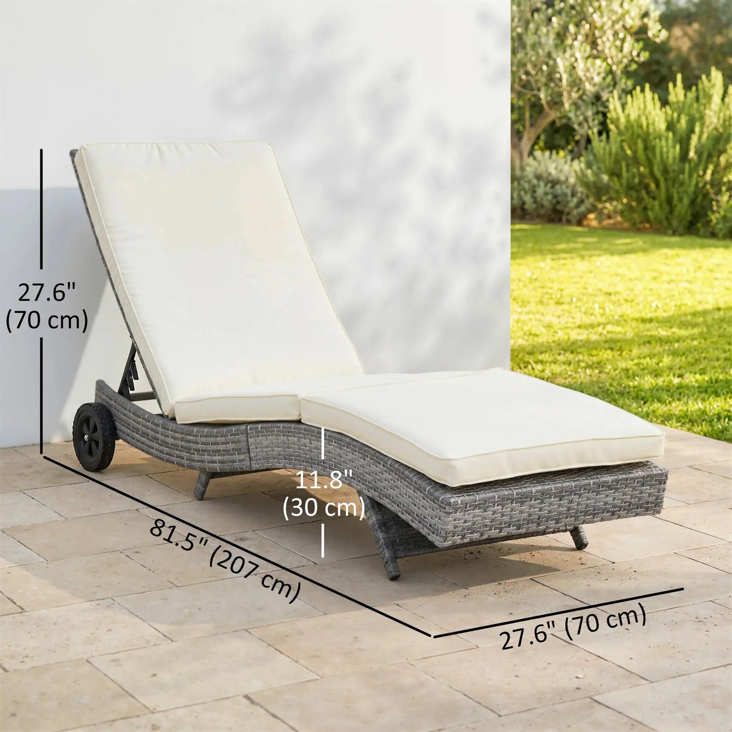 Adjustable Wicker Chaise Lounge with Cushion, Wheels, Cream White Chaise Loungers at Gallery Canada
