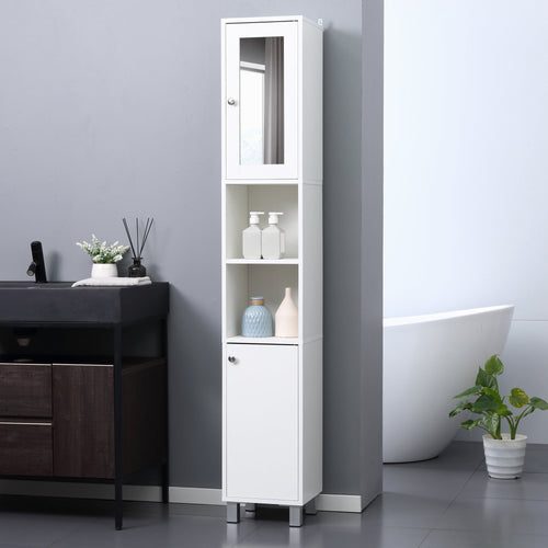 Tall Bathroom Storage Cabinet with Mirror, Freestanding Narrow Linen Tower Cabinet with Adjustable Shelves for Bathroom, White