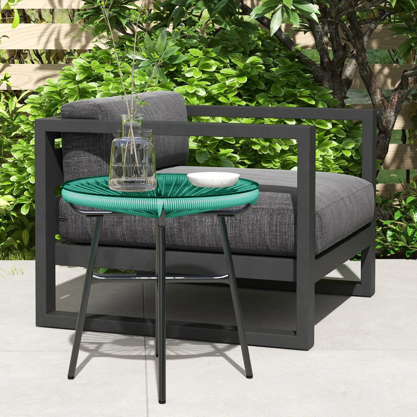 Round Outdoor Rattan Side Table, Tempered Glass Top, Light Green Patio Side Tables at Gallery Canada