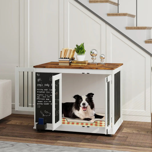 39" Dog Crate Furniture, Side End Table, Large Dogs, Blackboard, 3 Doors, White Houses, Kennels & Pens White at Gallery Canada