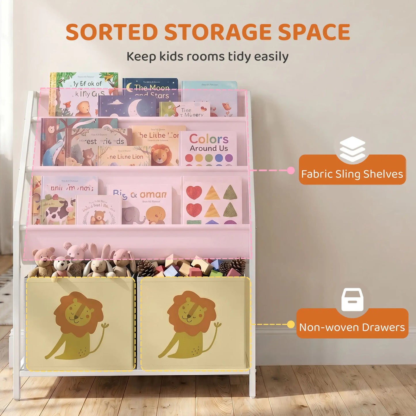 3-Tier Sling Bookshelf With Toy Storage, Montessori Organizer