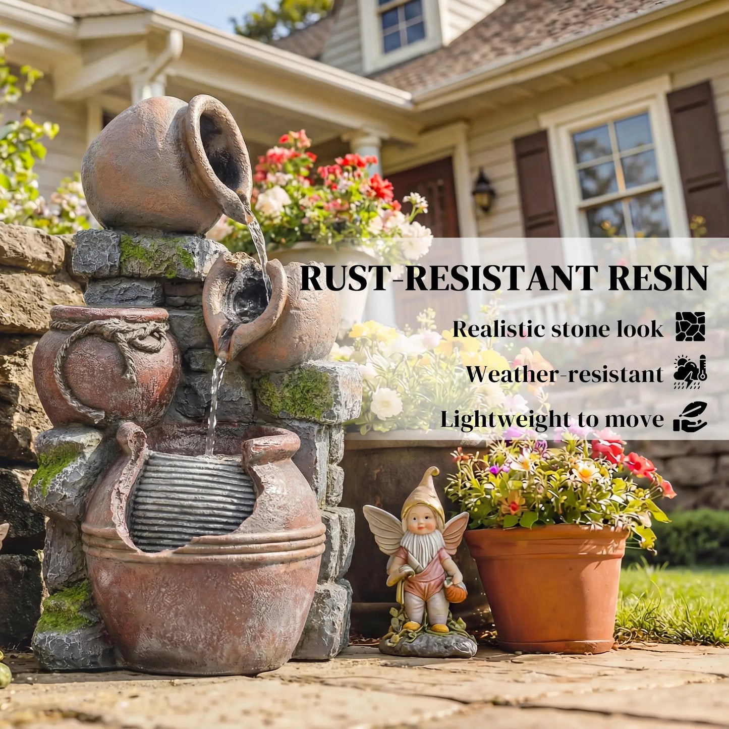 Outdoor Fountain, 4-Tier Rustic Pot, Cascading Rock Waterfall, LED Lights, Adjustable Flow Water Fountains at Gallery Canada